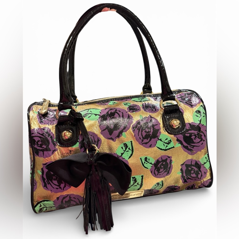 Betsey Johnson Vintage Gold tone Foil with Purple Floral Satchel EUC 13”x 8”x 6”